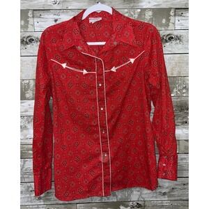 Vintage Blueprint Vintage Women Red Western Button Front Top Cotton Blend Size L